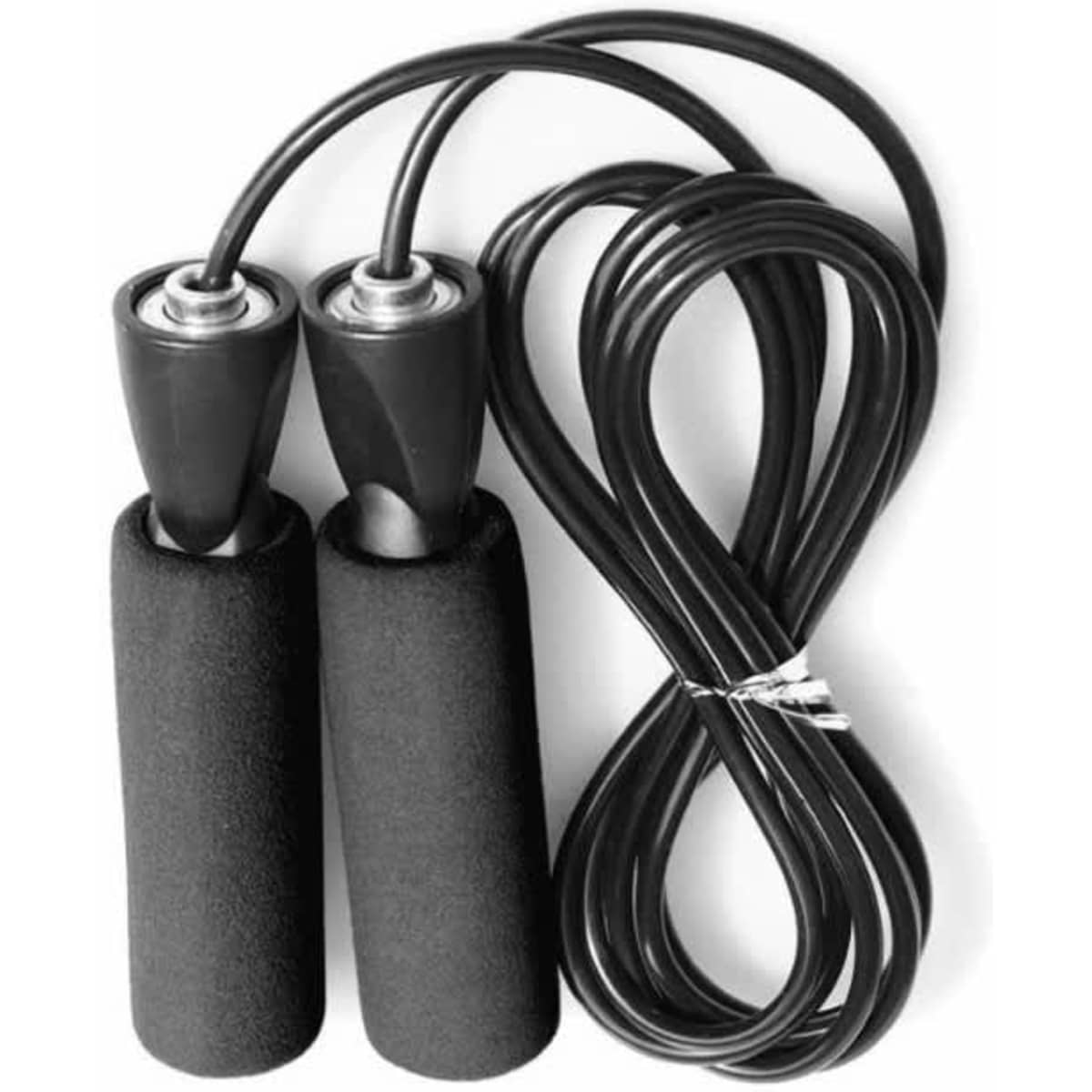 A black fitness jump rope with foam handles, featuring bearings for smooth rotation.