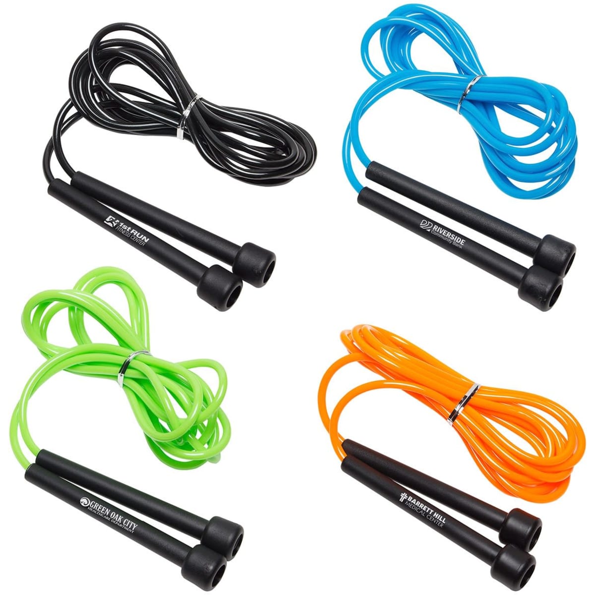 Four PVC skipping ropes in black, blue, green, and orange, featuring black handles and a logo on some.