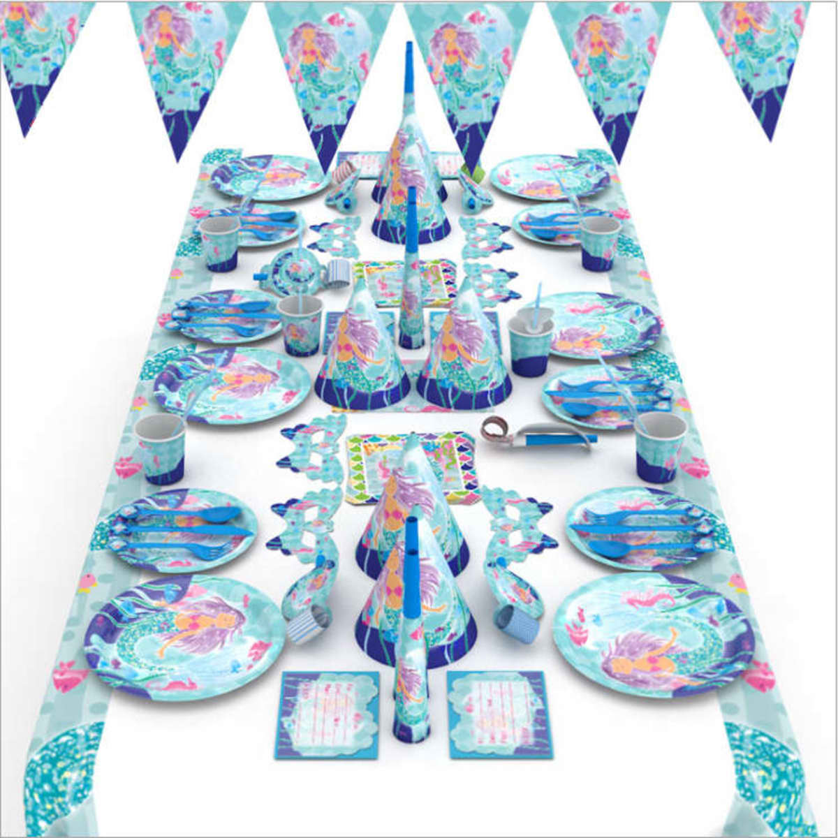 A party tableware set featuring ocean-themed designs in blue, teal, and pink, including plates, cups, and decorations.
