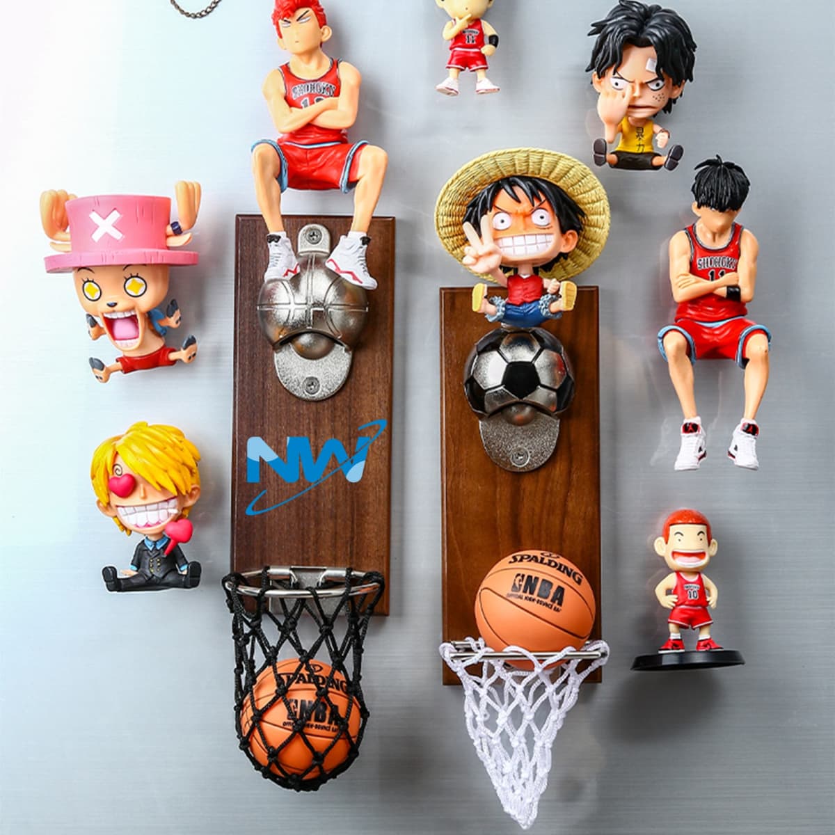 A wall-mounted bottle opener decorated with various figurines, including basketball and soccer themes, in vibrant colours.