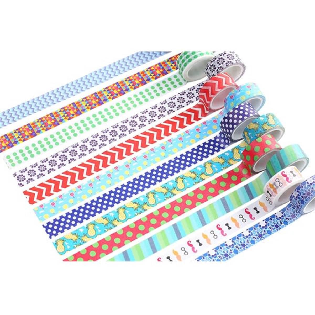 Various rolls of decorative washi tape in bright colours and patterns, including stripes, florals, and polka dots.