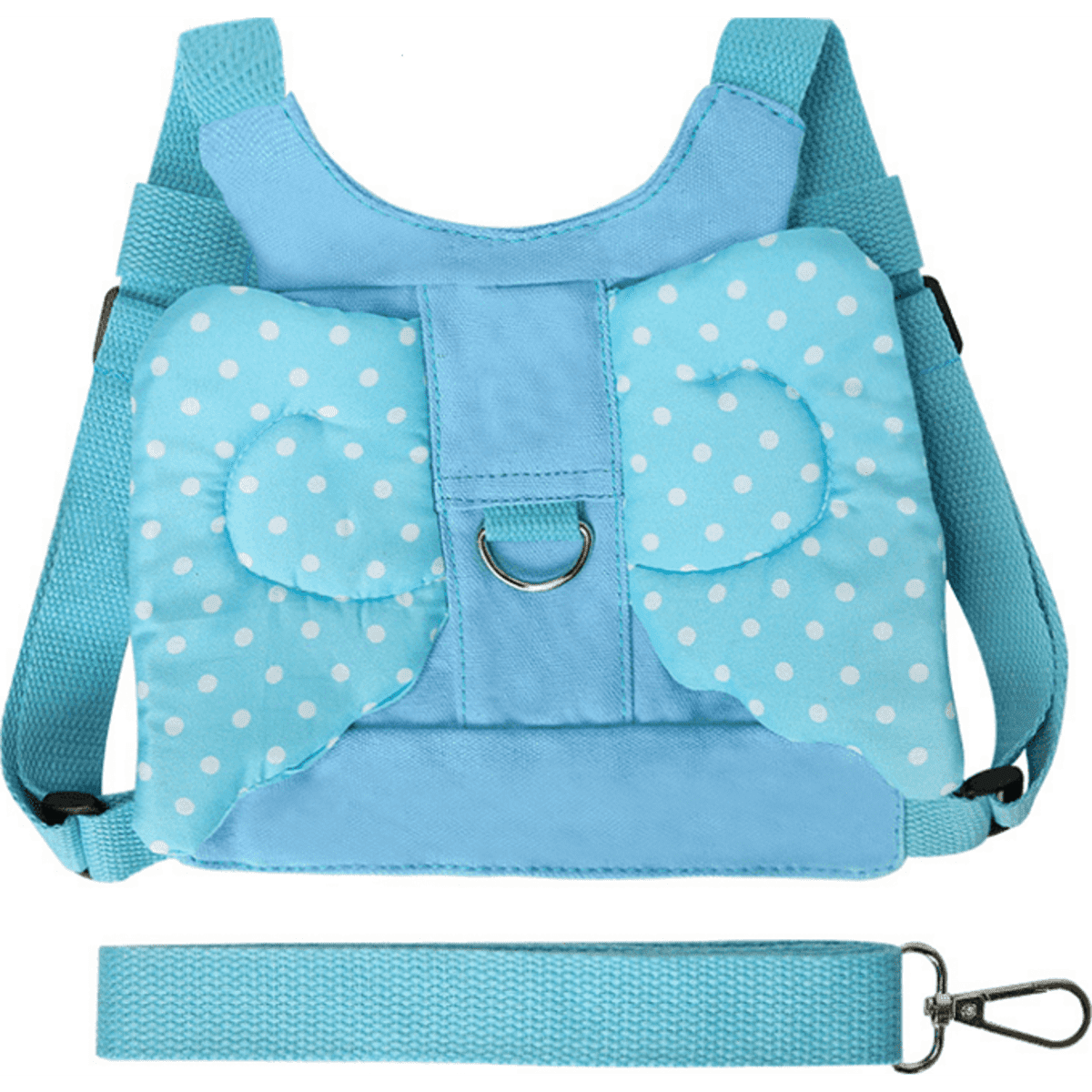 A blue child anti-lost back strap with polka dot wing designs and a sturdy attachment clip.