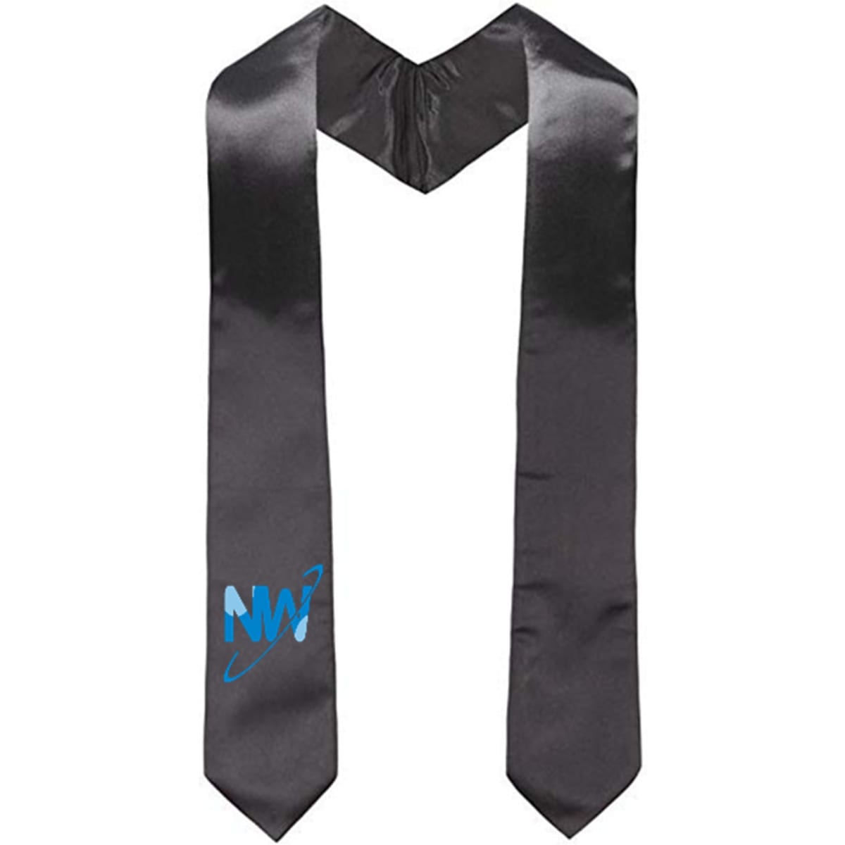 A black graduation stole with a shiny finish and a logo on one side.