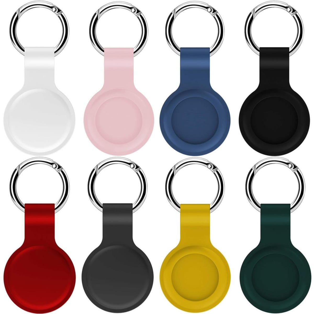 A collection of silicone Airtag covers in white, pink, blue, black, red, grey, yellow, and green, each with a key ring.
