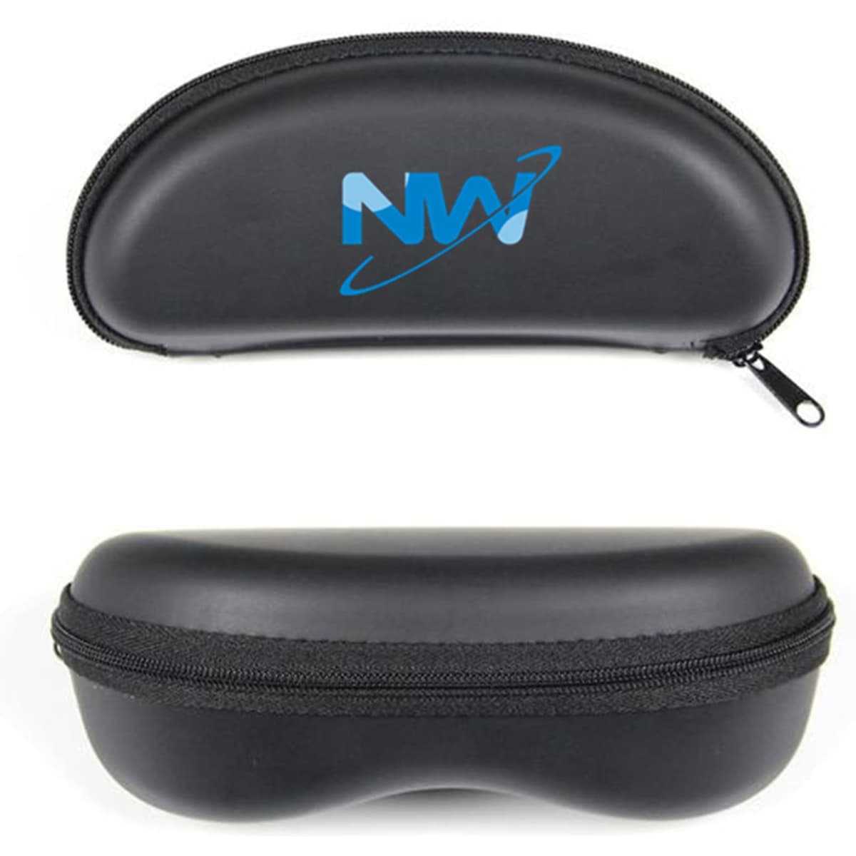 A black sunglass case with a zip closure and a logo displayed on the front.