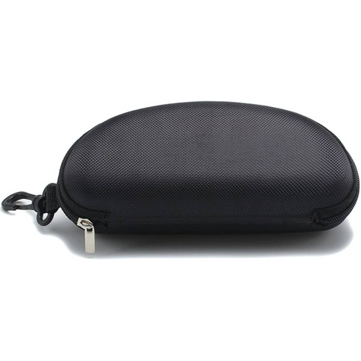 A black sunglass case with a textured surface and a clip attachment. It has a zip closure.