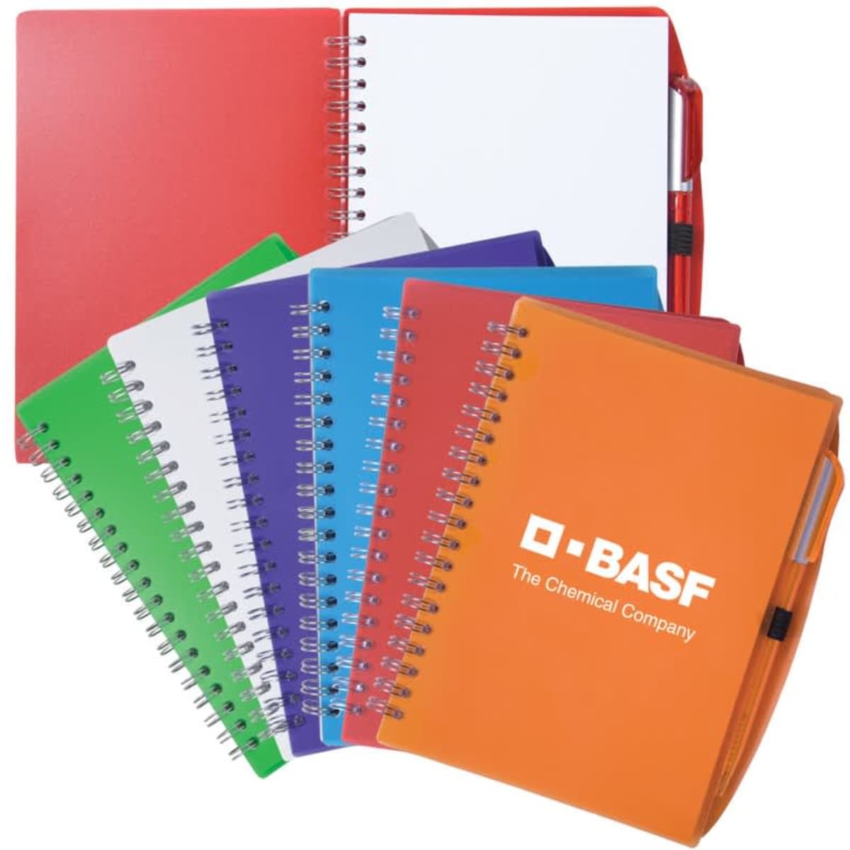 Spiral notebooks in various colours including red, green, blue, purple, and orange, accompanied by a pen, featuring a logo.