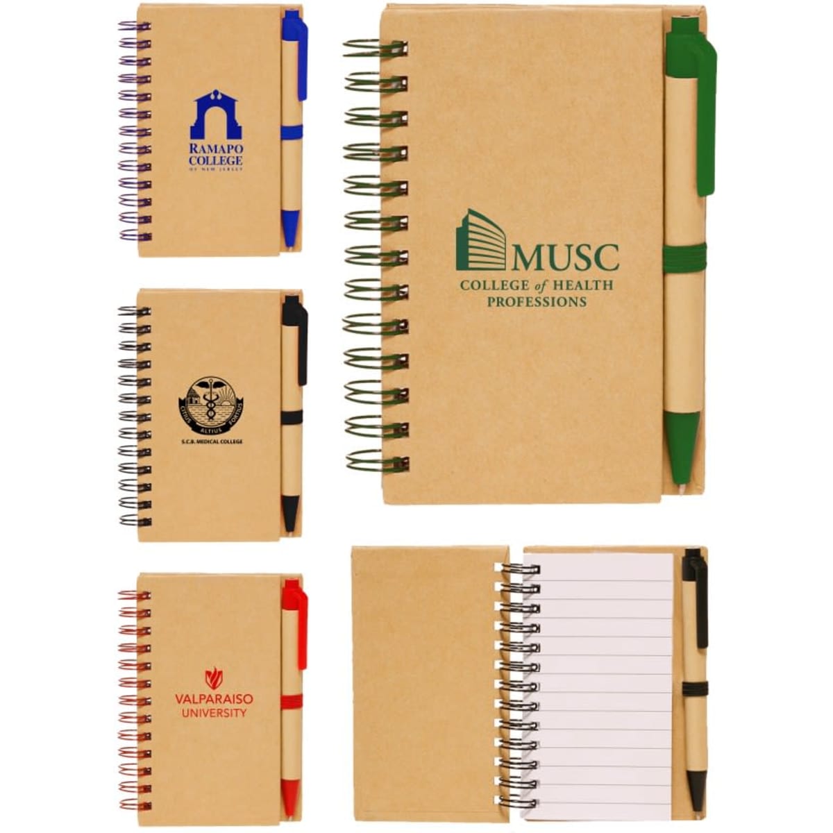 Recycled notepad notebook with pens in various sizes and colours, featuring logos and spiral bindings.