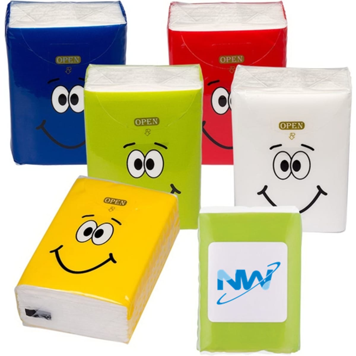 A collection of mini pocket tissues in blue, red, green, yellow, and white, featuring smiley face designs and a logo.