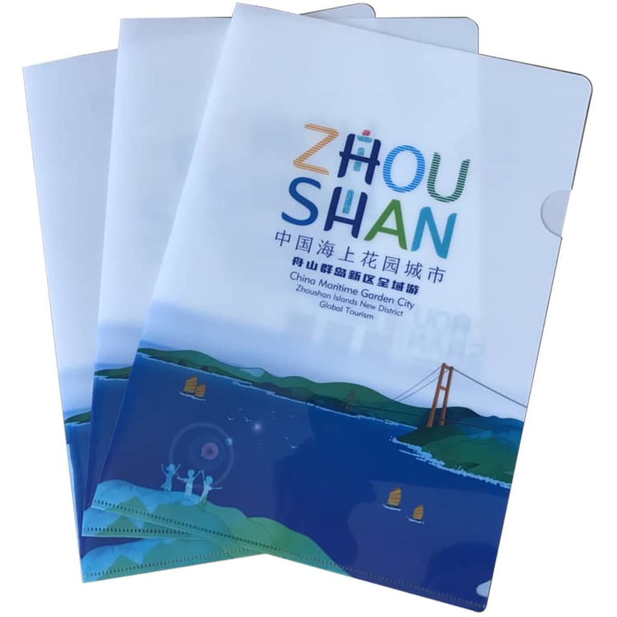 A set of three transparent plastic pocket folders in blue and white, featuring a scenic design and a logo.
