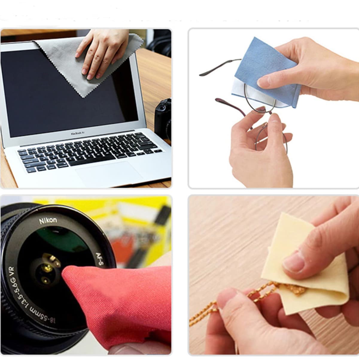 A collection of microfiber cleaning cloths in various colours, used on a laptop, glasses, a camera lens, and jewellery.
