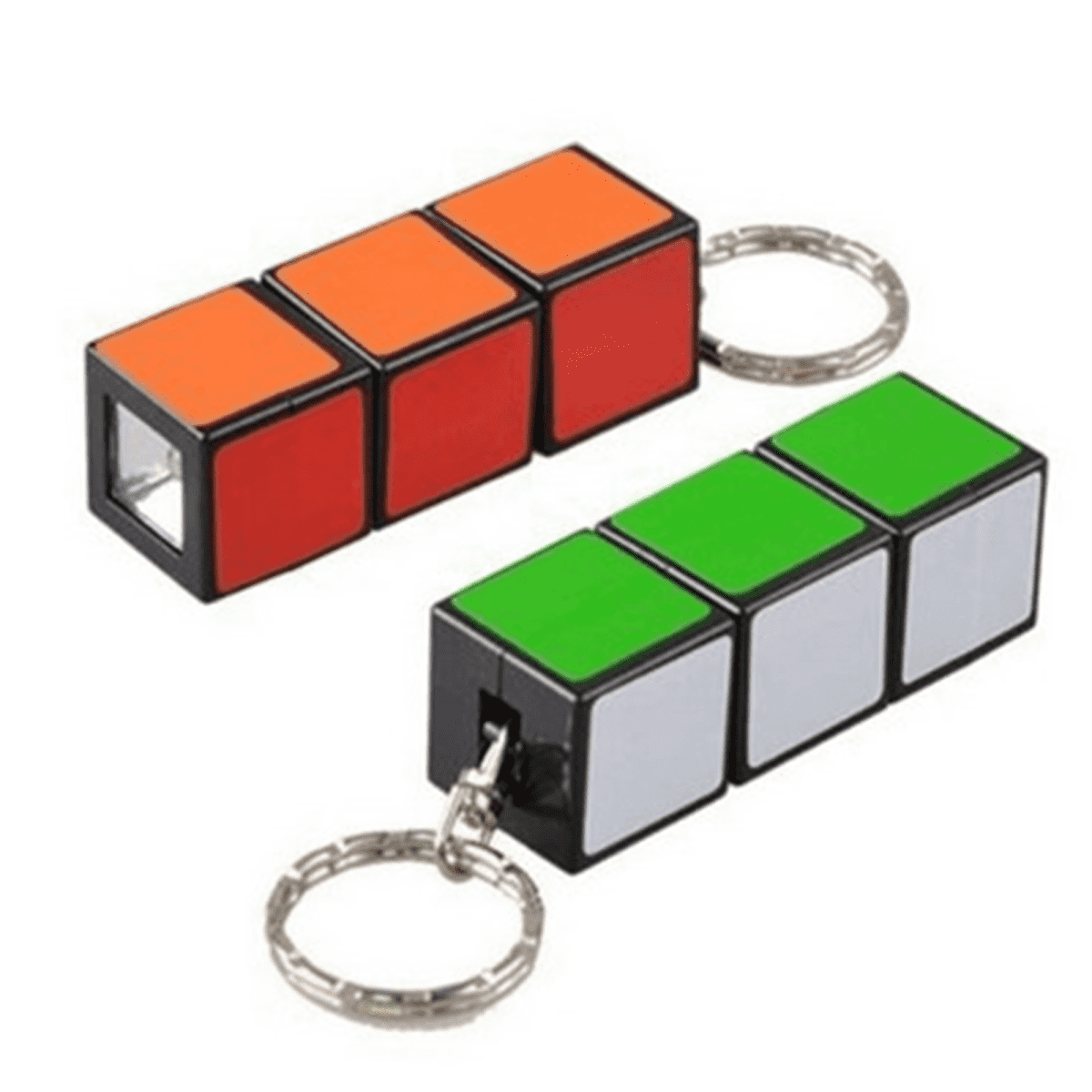 A Magic Cube LED keychain featuring red, orange, green, and silver blocks with a metal keyring.