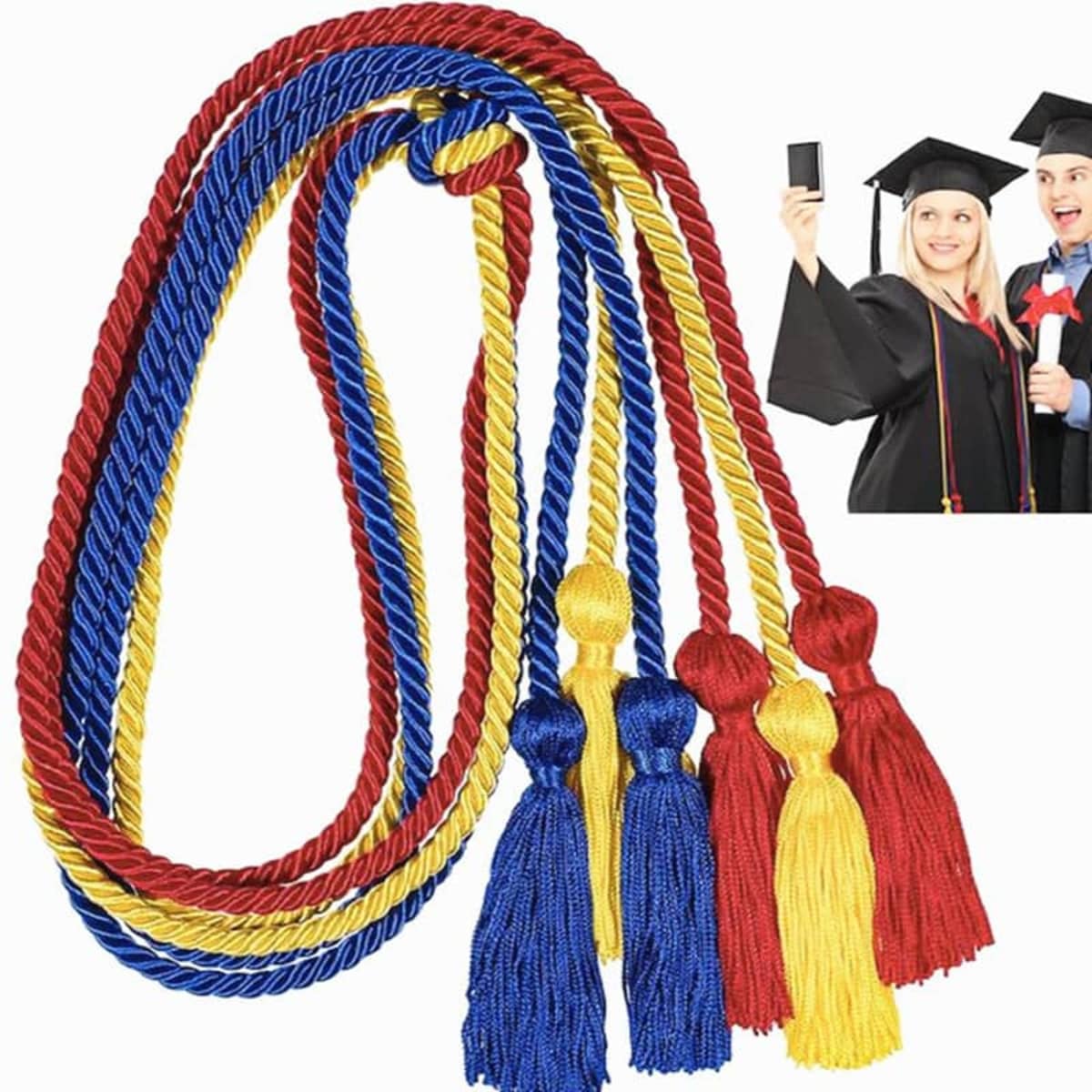 A set of graduation honour cords in red, blue, and gold, featuring tassels at each end. The image includes a logo.