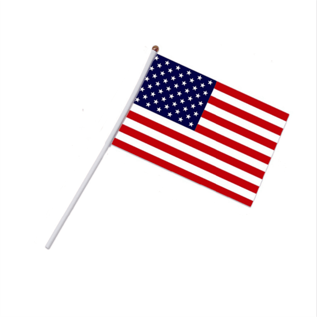 A small hand flag featuring red and white stripes with a blue field of stars. It has a white stick handle.