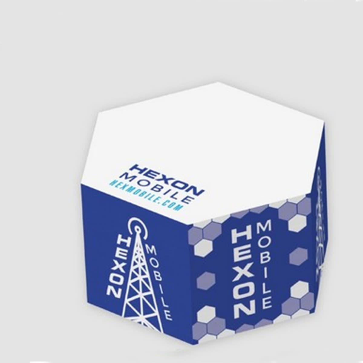 A hexagonal sticky note cube in blue and white, featuring branding and geometric designs.