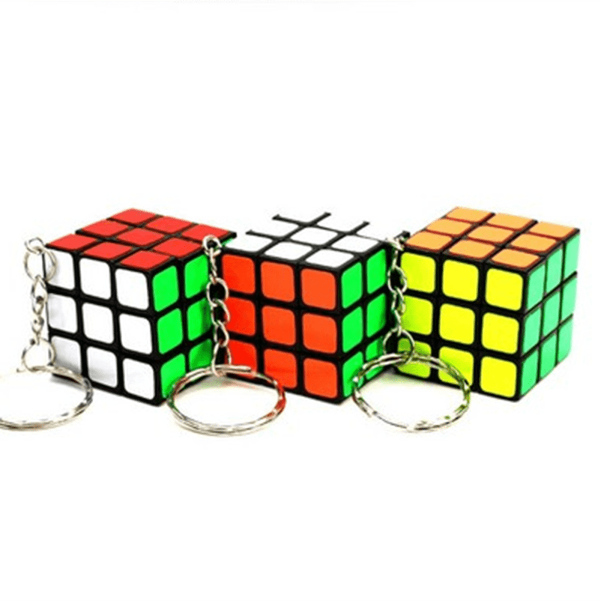 Mini puzzle cube keychains in red, green, black, orange, and yellow, featuring a metal keyring attached.