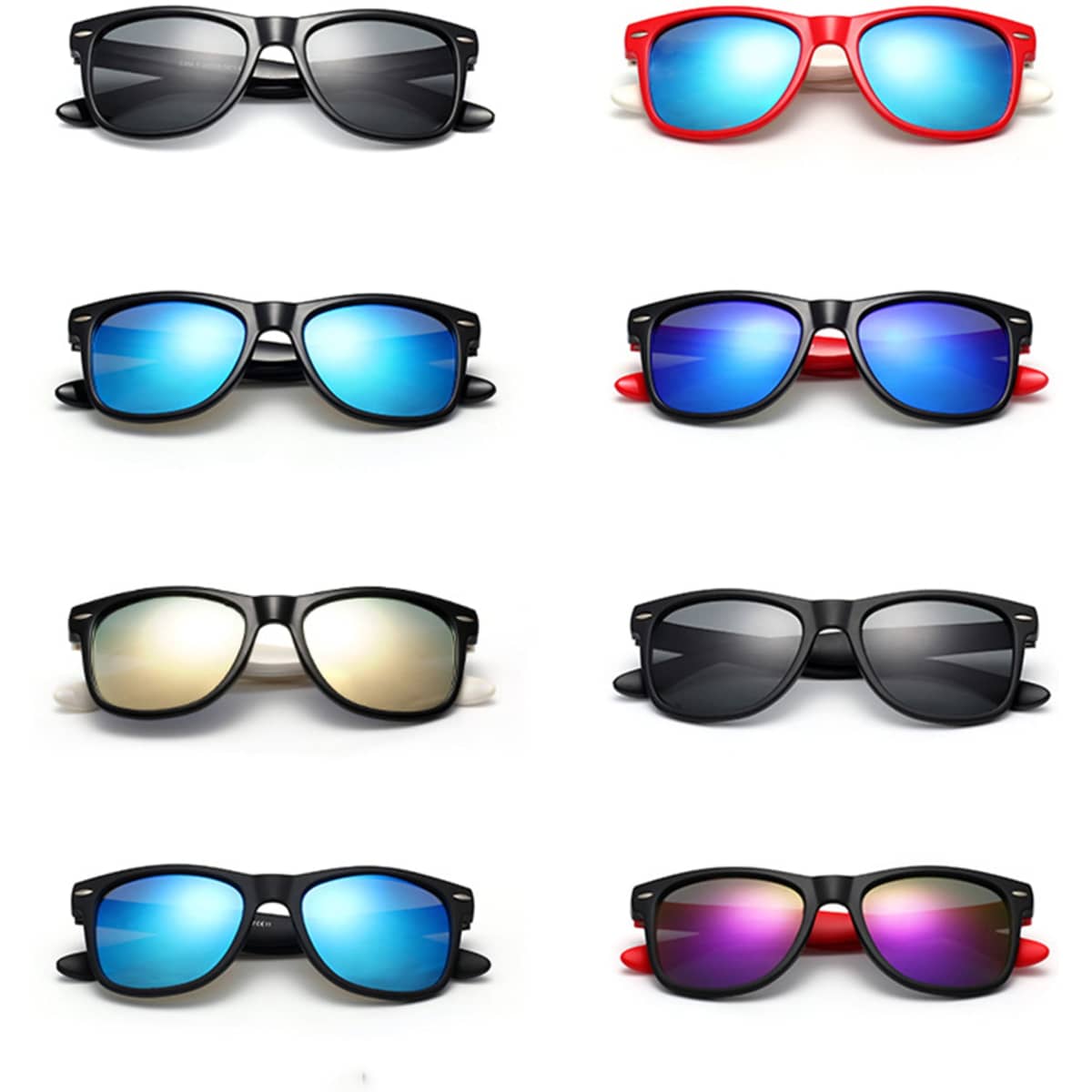 A set of eight sunglasses in various styles, featuring colours like black, red, and blue with mirrored lenses.