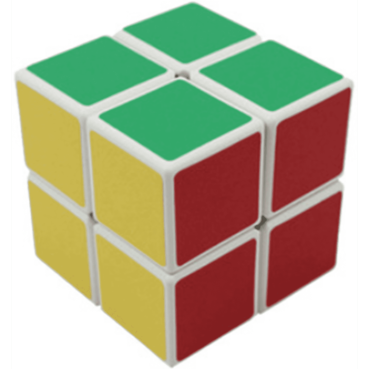 A 2x2x2 puzzle cube featuring green, yellow, and red squares on a white base. The product has a logo.