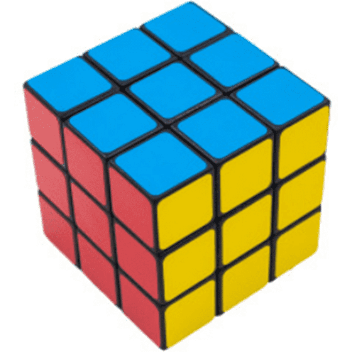 A puzzle cube featuring red, blue, and yellow sides with a black framework and a logo on one face.
