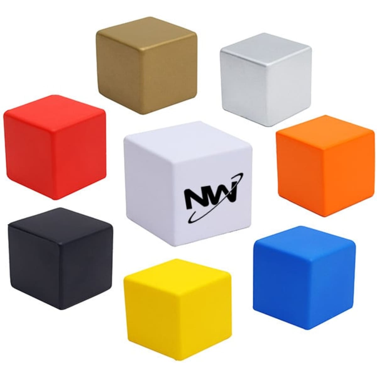 A collection of eight stress reliever cubes in various colours: red, white, blue, black, yellow, orange, gold, and silver. One has a logo.