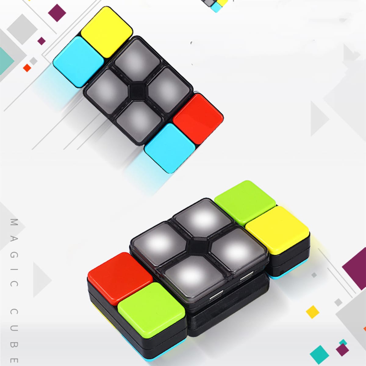A colourful Luminous Cube featuring black, red, blue, yellow, and green sections, with illuminated segments.