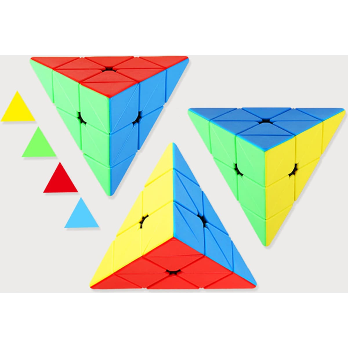 Three triangular puzzles in red, blue, green, yellow, and a set of small triangles in red, blue, and green. Each has a logo.