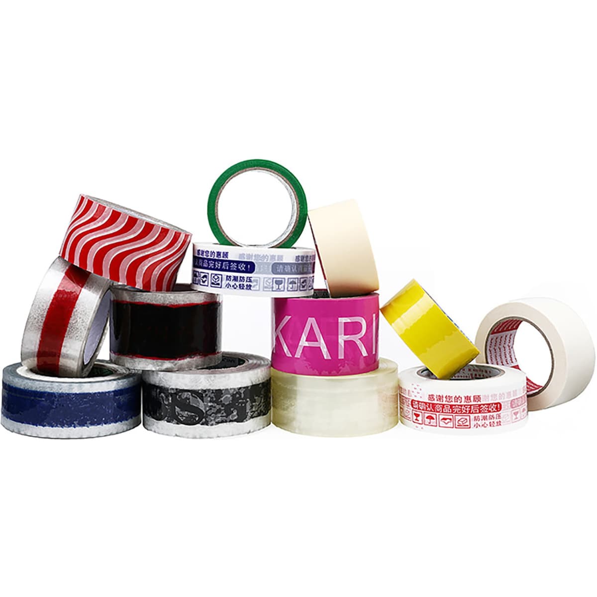 A collection of various rolls of BOPP tape in different colours and patterns, stacked and arranged artistically.