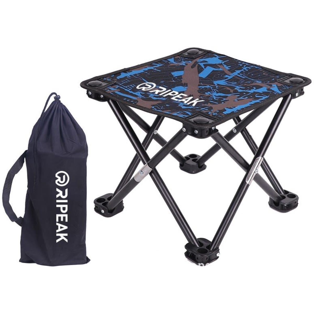 A collapsible camping stool in black and blue with a carrying bag, featuring a logo on the bag.