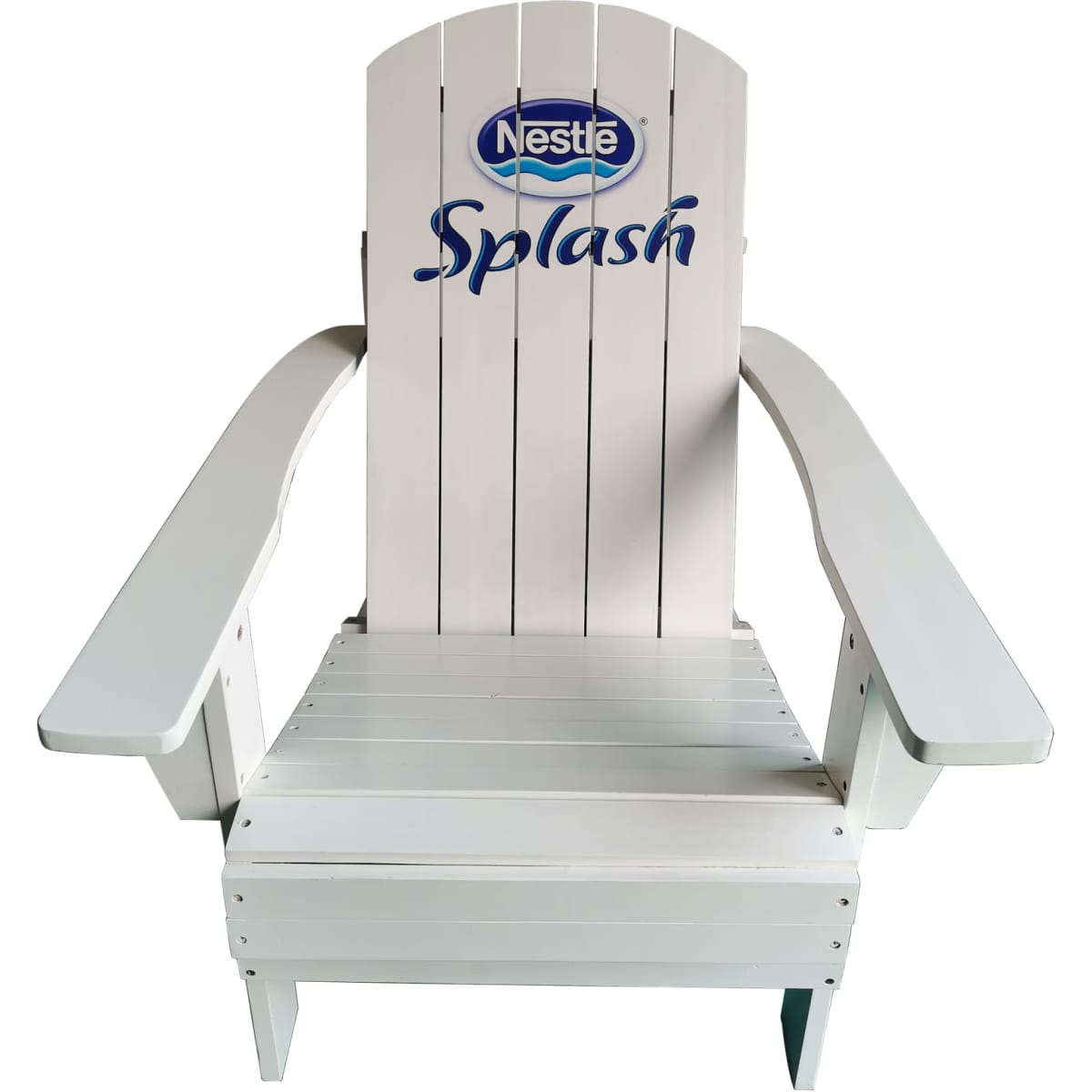 A white Folding Adirondack Chair with a logo on the backrest and wide armrests.