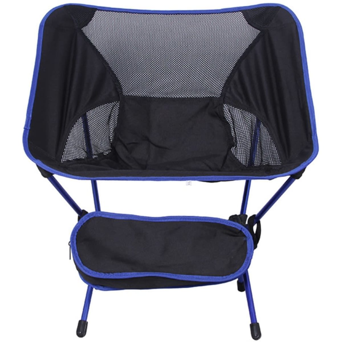 A folding chair in black with blue accents, featuring a mesh back and a lower storage pocket. It includes a travel bag.
