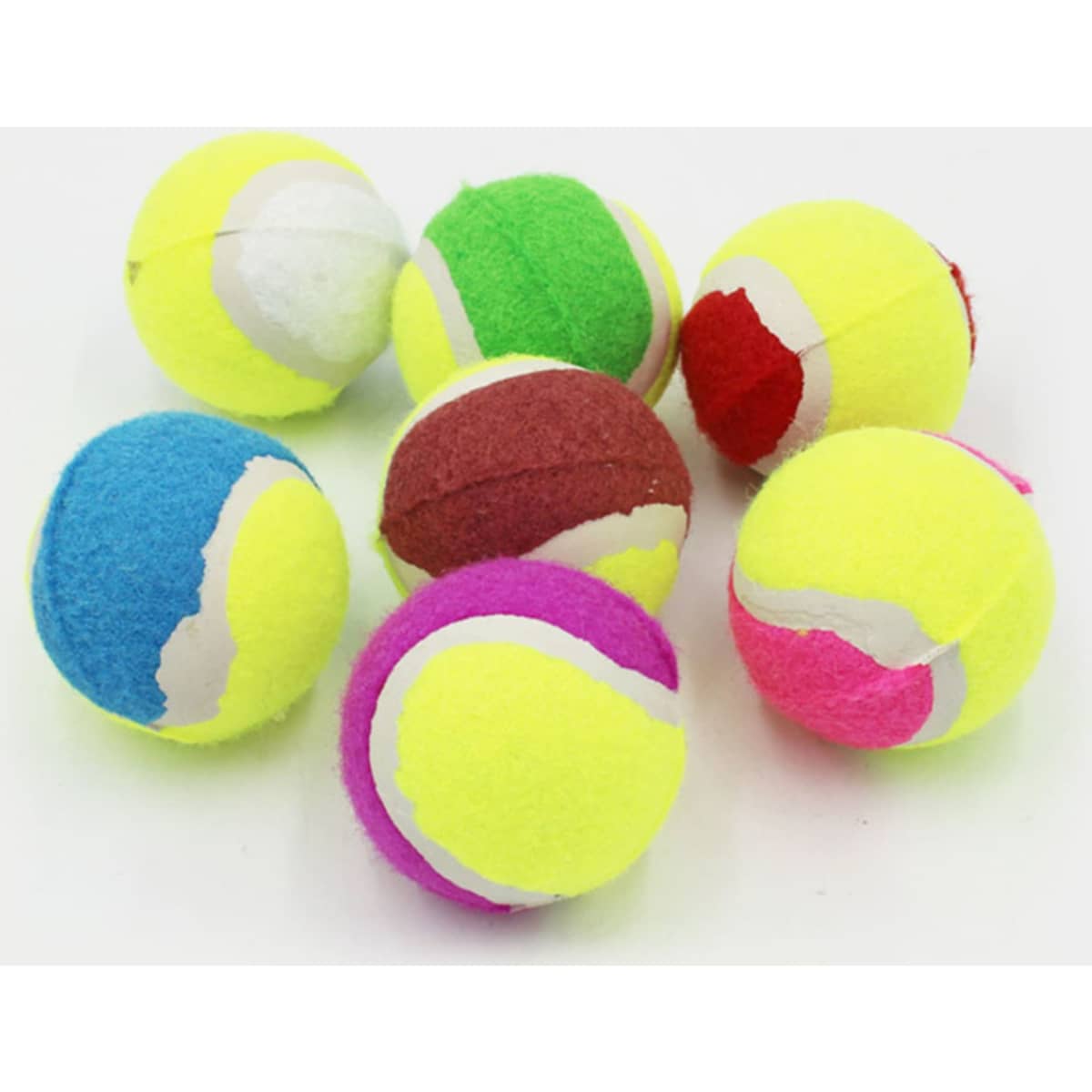 A set of eight tennis balls in various colours, including yellow, green, pink, red, and brown, featuring white stripes.