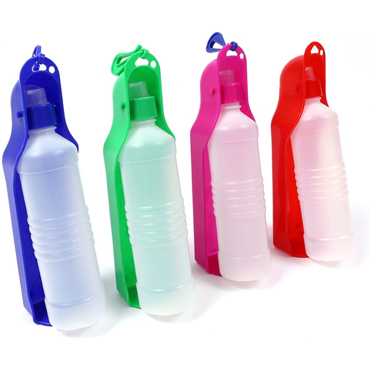A drink bottle set with a green, blue, pink, and transparent holder, featuring a logo on the bottle.