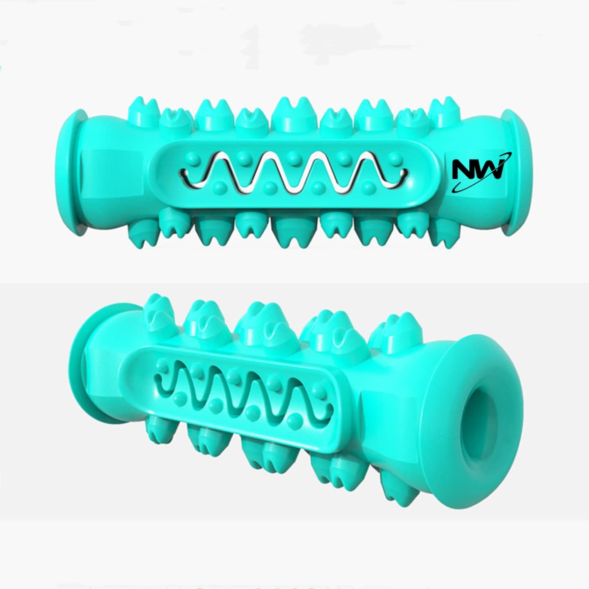A bone-shaped pet molar stick in vibrant turquoise, featuring textured surfaces and a logo.