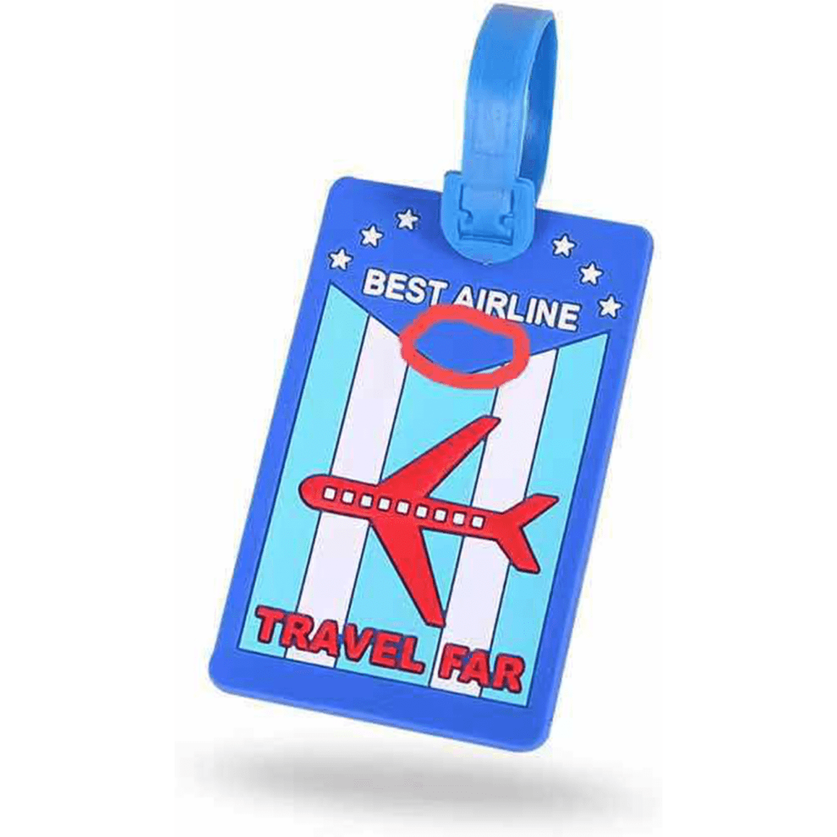 A blue soft PVC luggage tag featuring an airplane design with a loop for attachment. It has a logo.