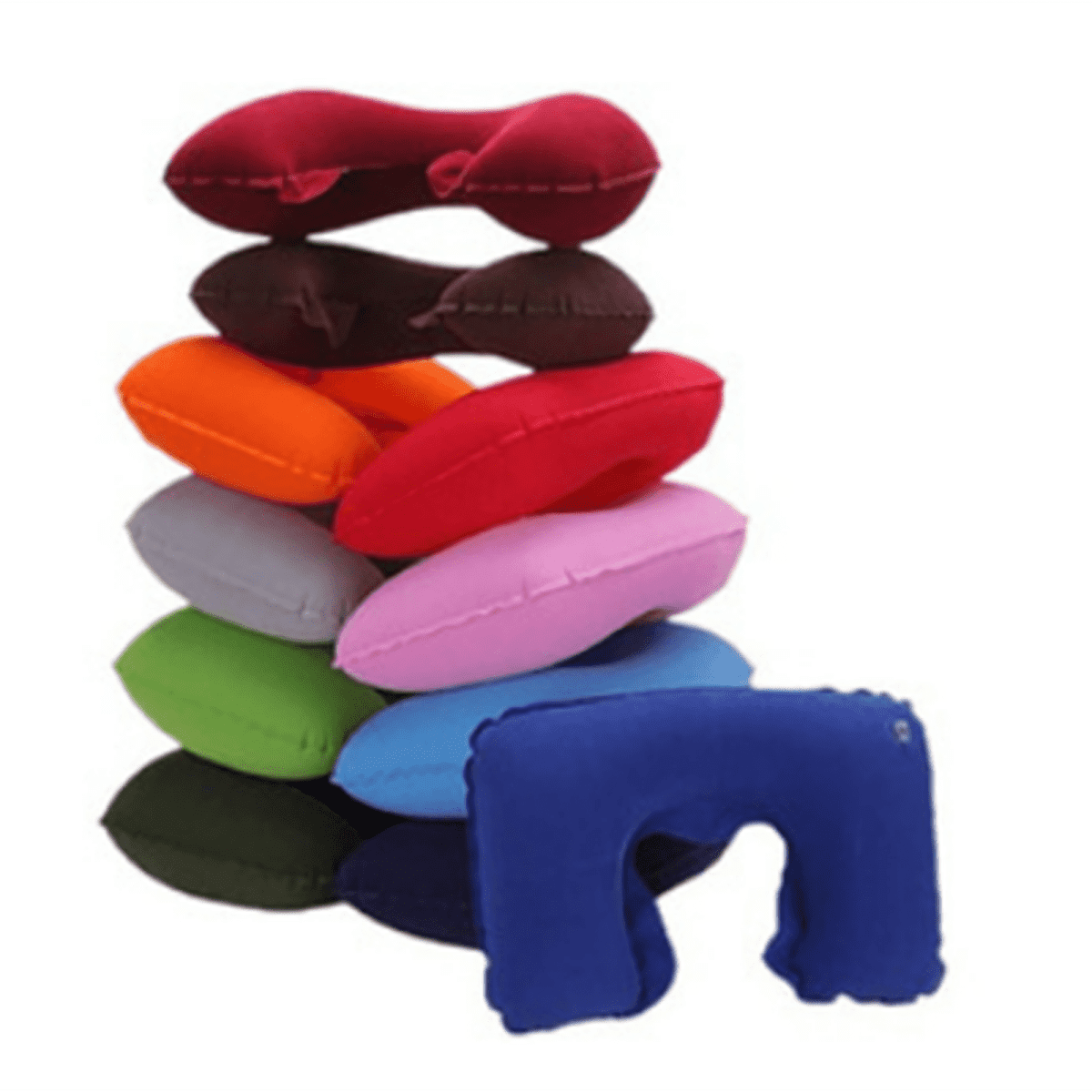 An assortment of U shape inflatable neck pillows in various colours, including red, blue, green, and orange, stacked together.
