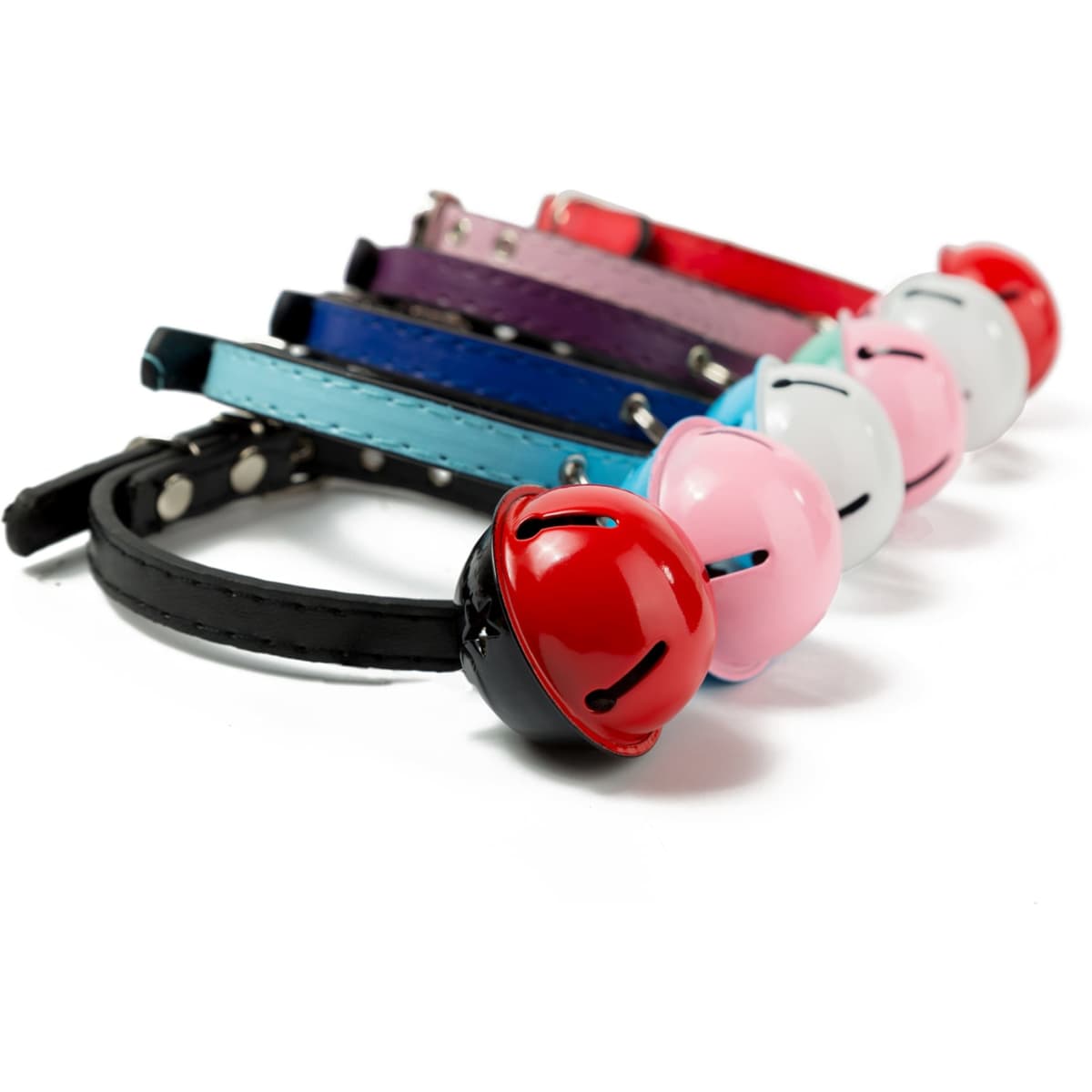 A selection of pet collars in various colours, each featuring a bell at the front.