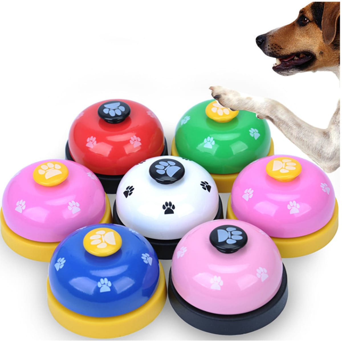 A set of seven pet training bells in various colours, featuring paw print designs and a black logo on top.