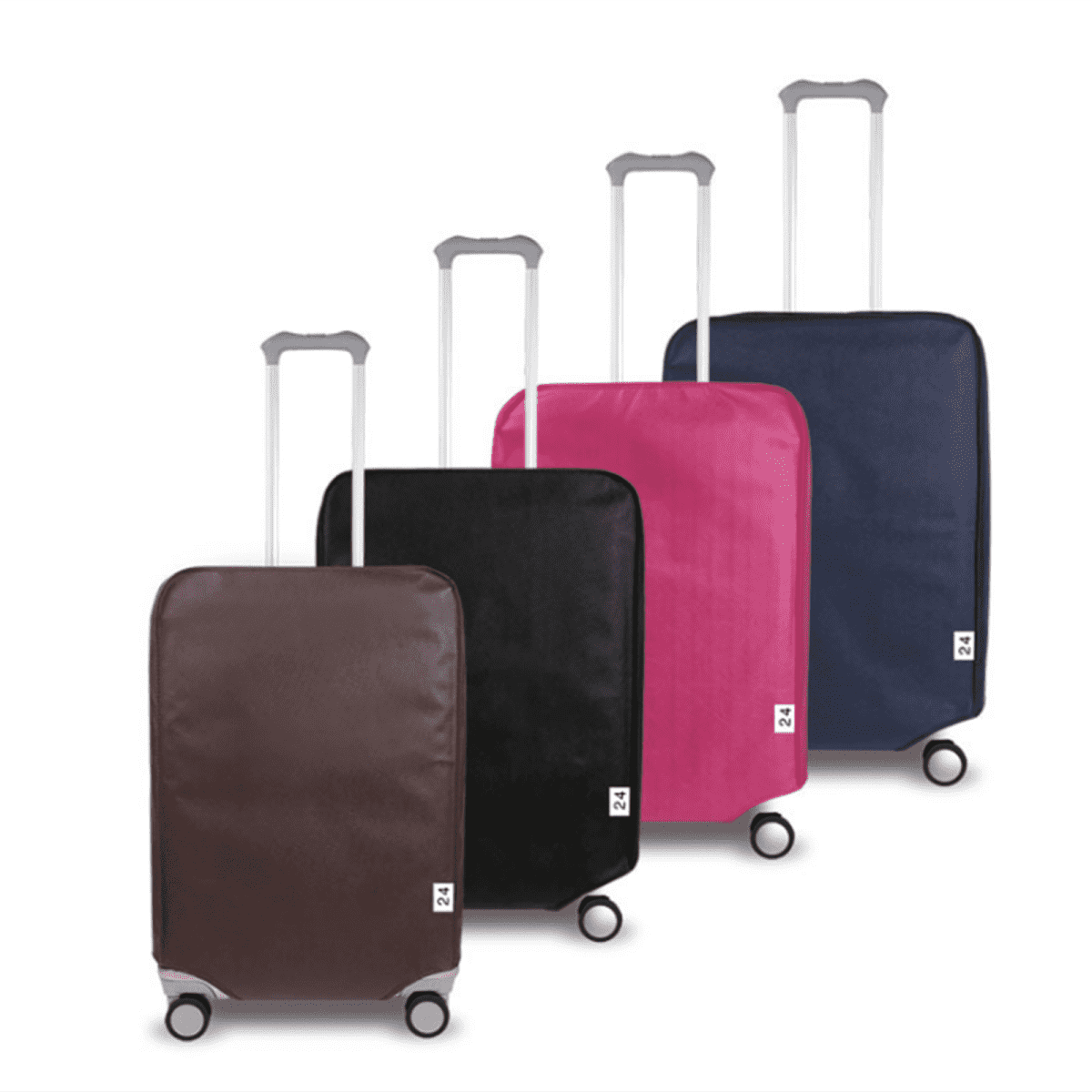 A set of four non-woven luggage dust proof covers in brown, black, pink, and navy blue, each with handles.