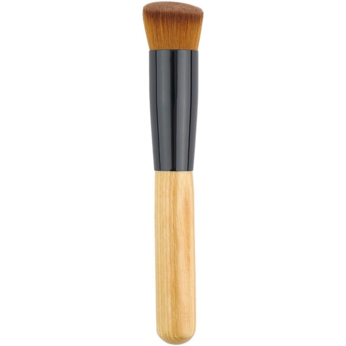 A single makeup brush with a black handle and a wooden grip, featuring a rounded, soft bristle head.