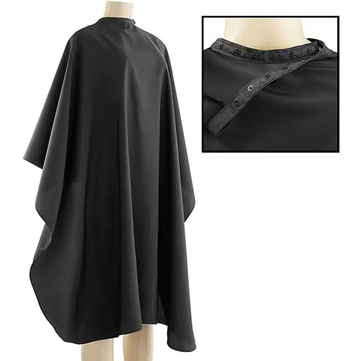 A black hair cutting smock with a high collar and snap closures, displayed on a mannequin.