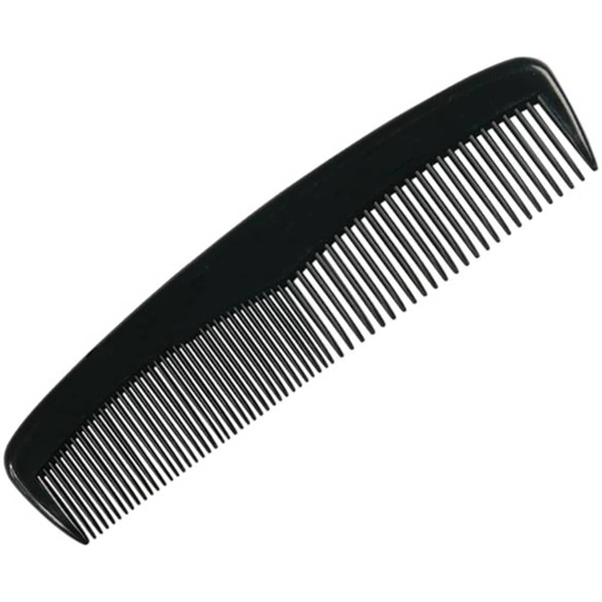 A double-head comb in black, featuring fine teeth on one side and wider teeth on the other.