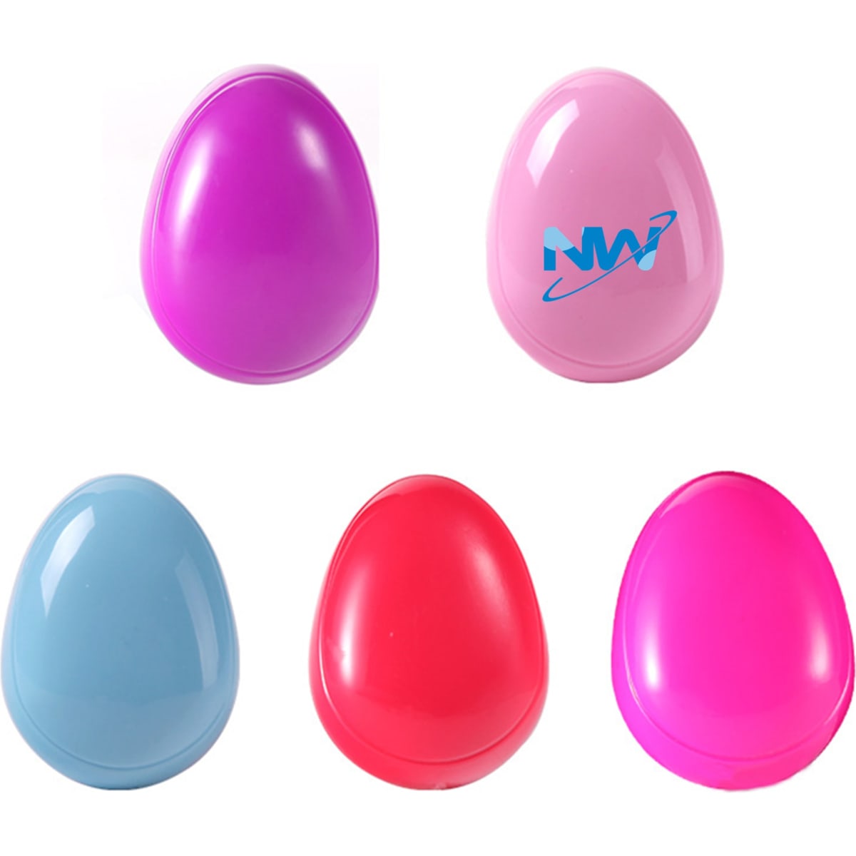 An egg-shaped comb in pink, purple, blue, red, and pink, featuring a logo on one of the combs.