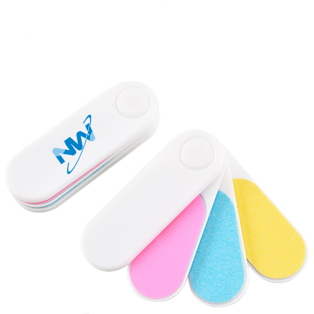 A nail file set featuring four files in pink, blue, yellow, and white, with a branded case.