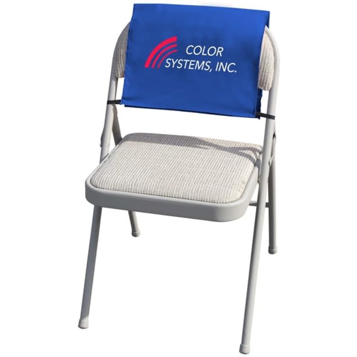 A white folding chair with a blue fabric advertising cover attached to the back, featuring a logo.
