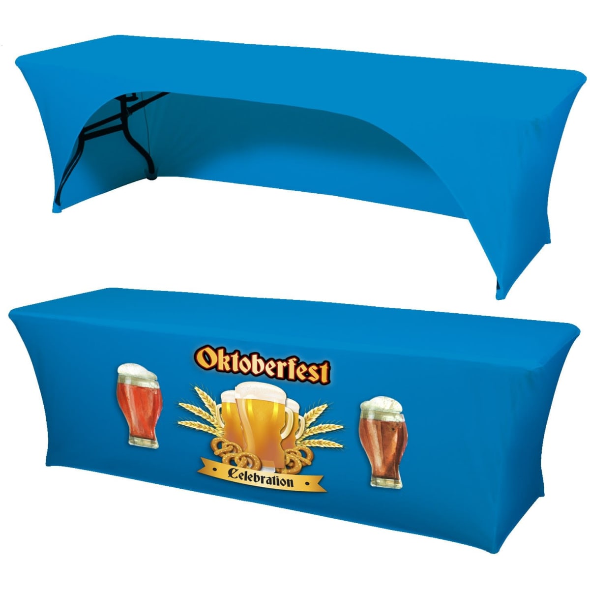 A blue stretch table throw for a 6' x 30" table, featuring a festive Oktoberfest design with beer mugs and wheat.
