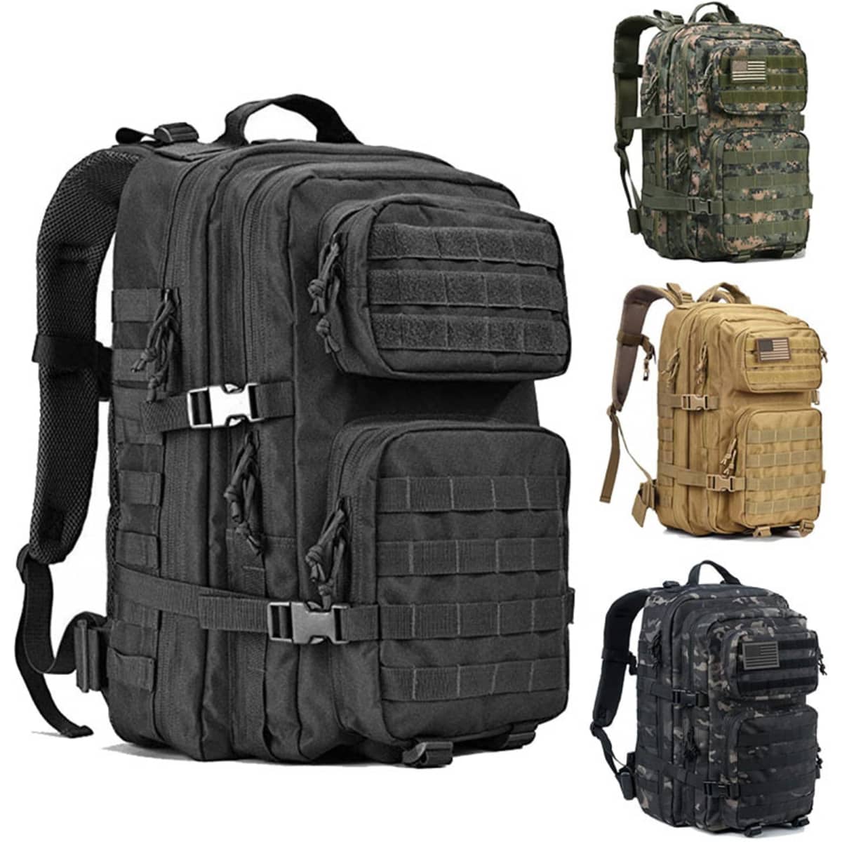A large tactical backpack in black, with additional backpacks in camo green and tan. Features multiple compartments and a logo.
