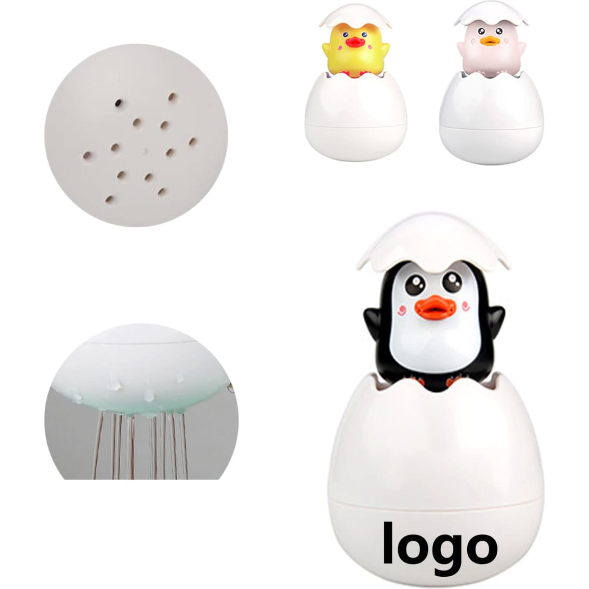 A children's bathroom sprinkler toy shaped like eggs, featuring yellow and pink chicks and a black penguin, all in white.