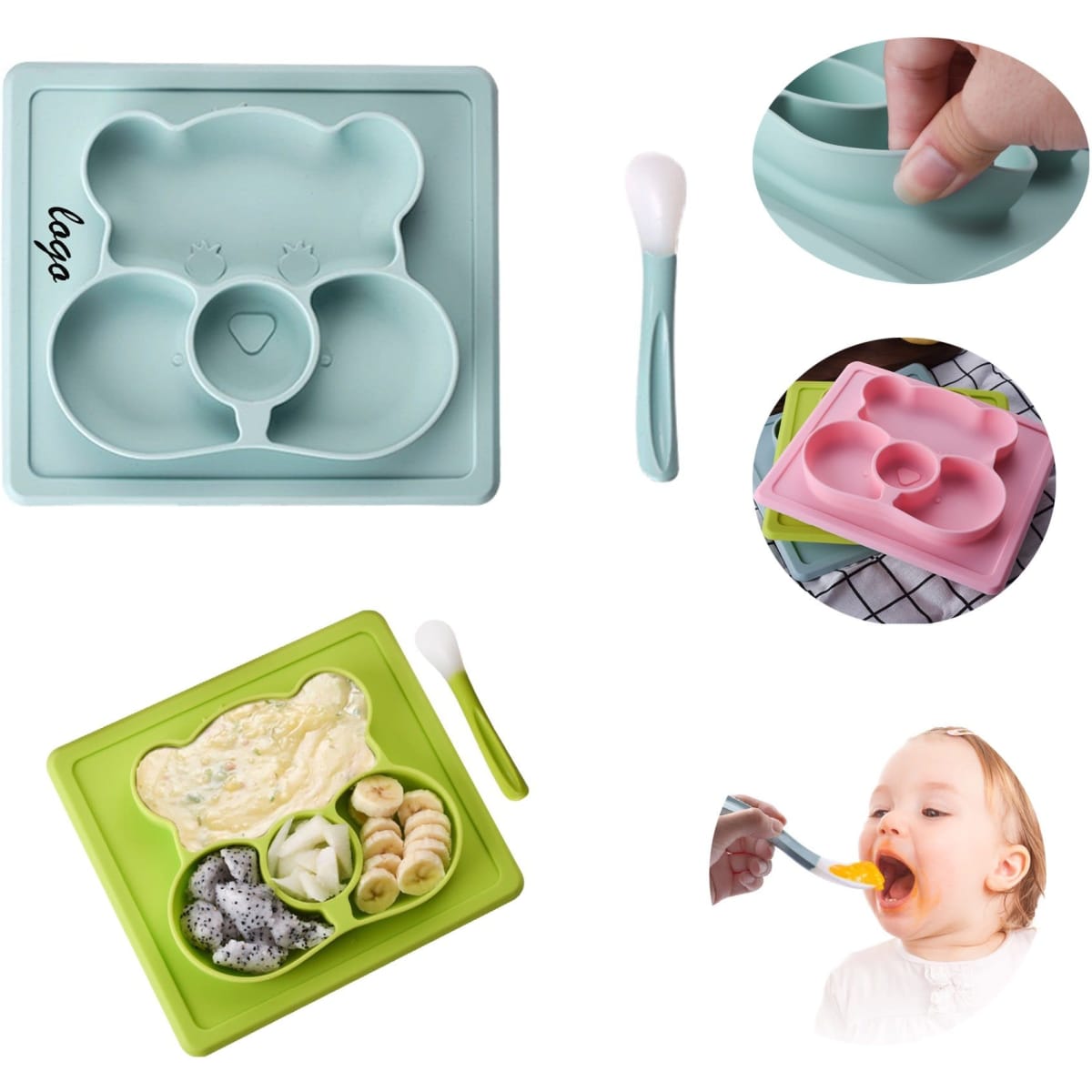 A non-slip children's plate in mint green and pink, featuring a bear shape, with a matching spoon included.