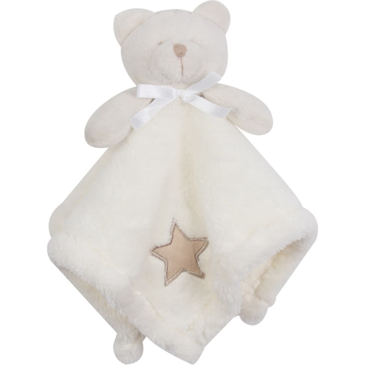 A soft cream baby blanket featuring a plush bear head and a beige star pattern on the fabric.
