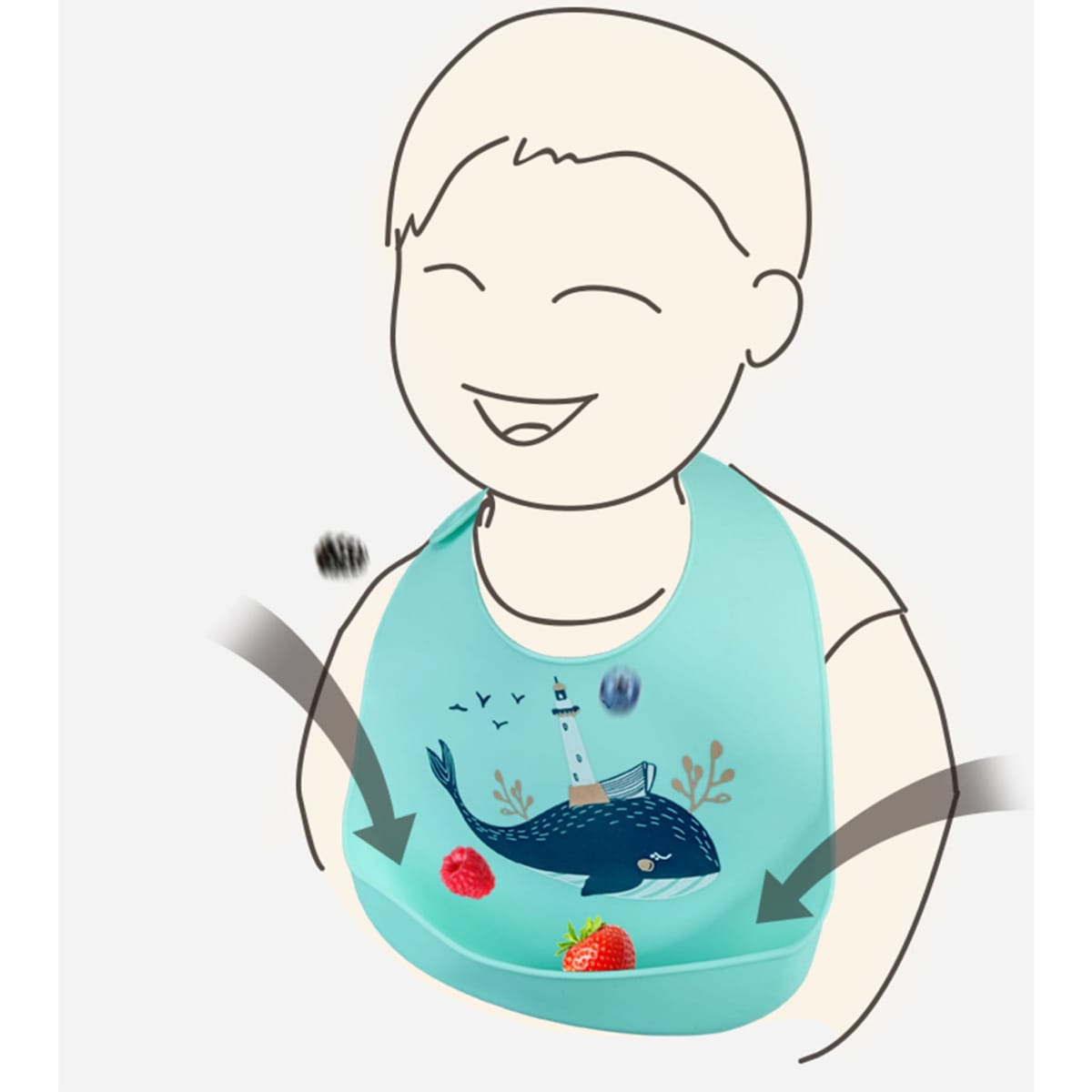 A silicone baby bib in light blue featuring a whale design, with a catch pocket for food. It has a branding logo.